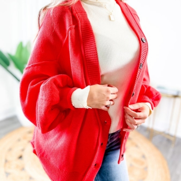 New POL loose fit button cardigan balloon sleeve sz XL red - Picture 2 of 10